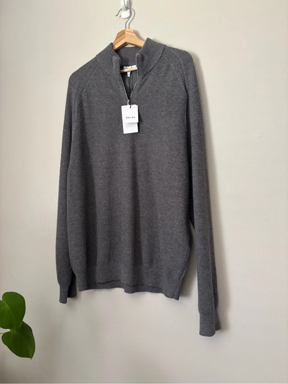 Reiss Gray Textured Funnel Quarter zip Wool Blend Sweater